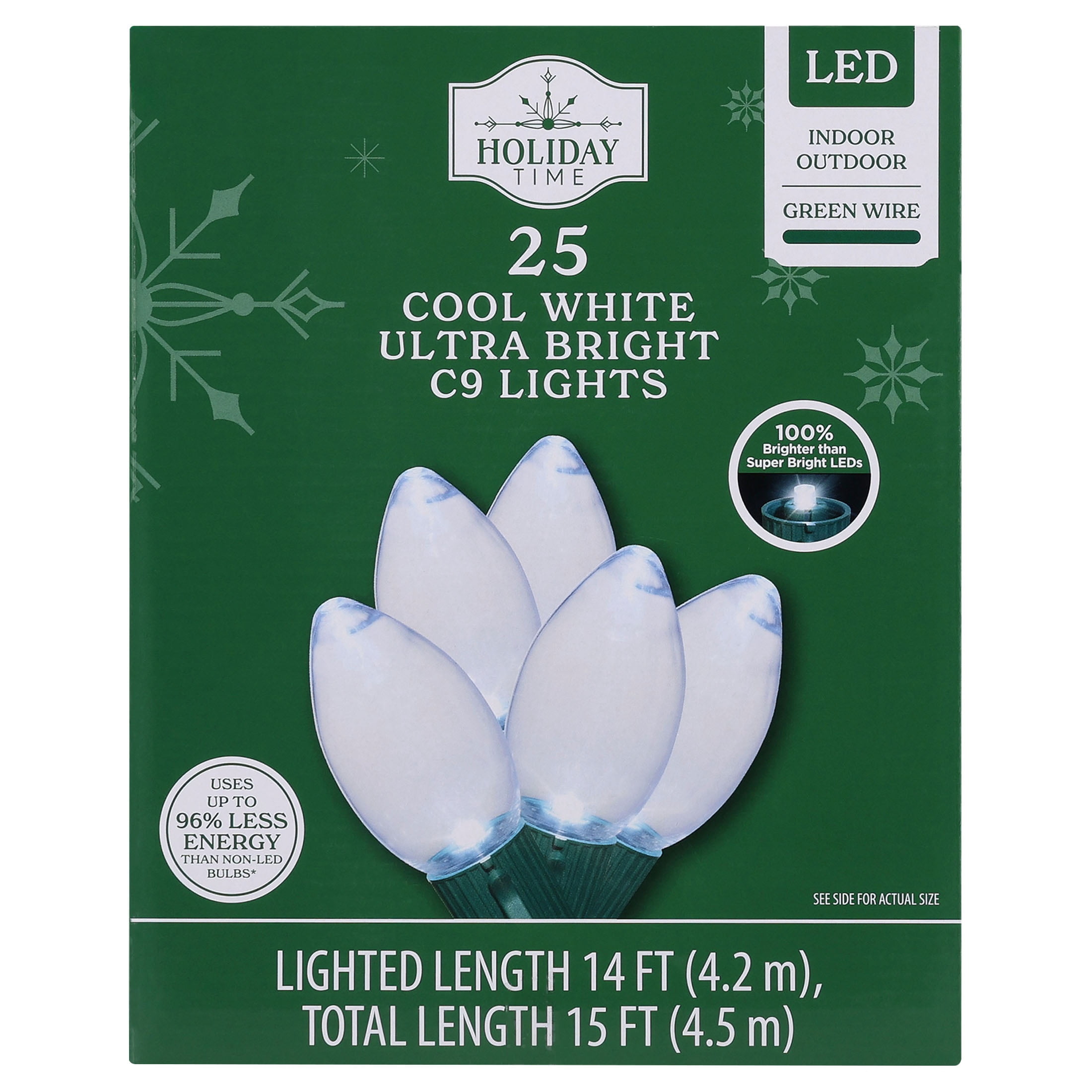 Indoor/Outdoor 25-Count LED Ultra Bright C9 Christmas String Lights, Cool White, Green Wire, 14', by Holiday Time