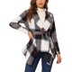 thumbnail image 4 of Abrigo delgado con cuello de solapa asimétrico de cuadros para mujer Inspire Chic, negro, 4 of 6