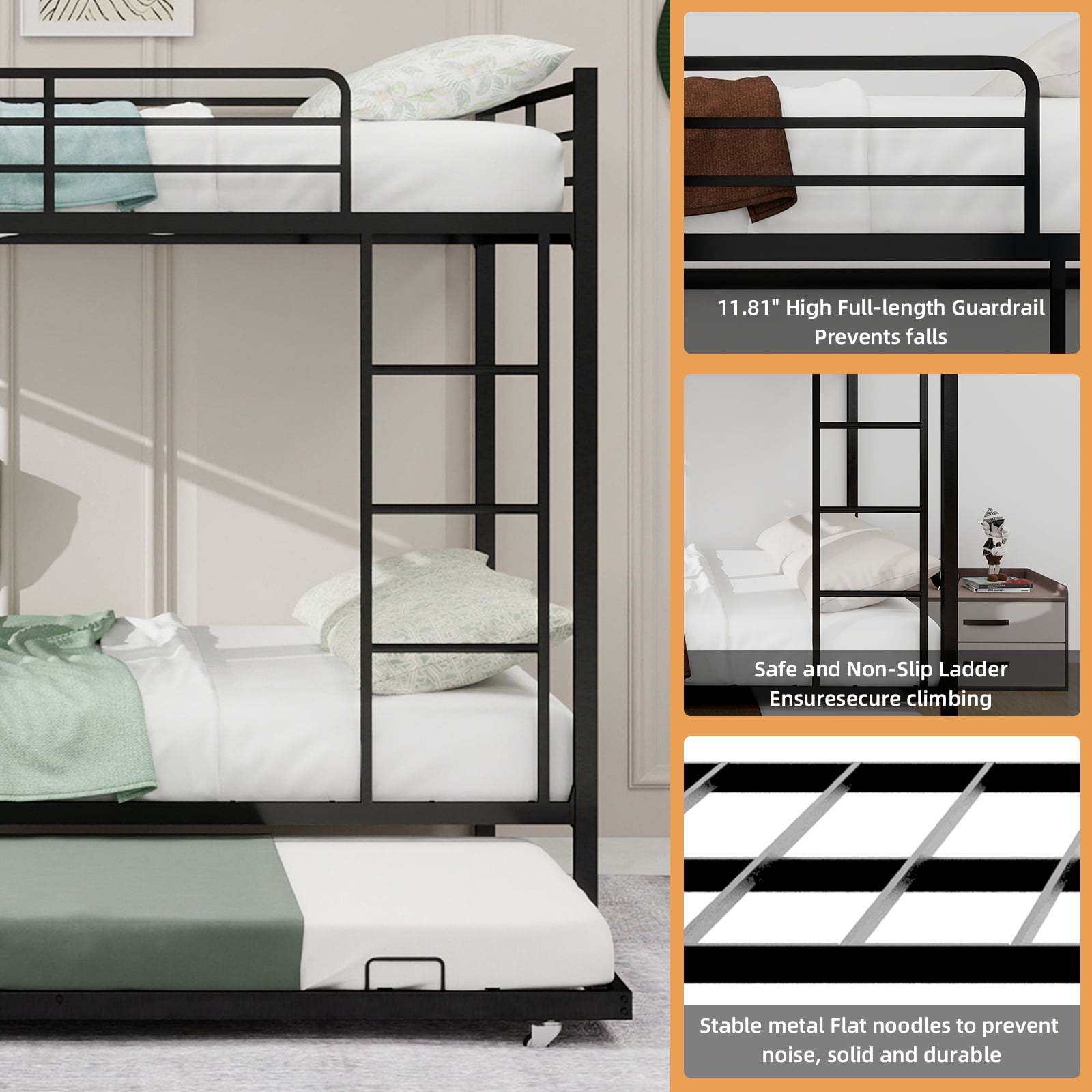 Bunk Bed with Trundle, Full Over Full Bunk Bed - Square Tube Iron Frame with Safety Rails and Rolling Trundle, Multi-Level Sleeping System for Family or Dorm, Easy Assembly, Black