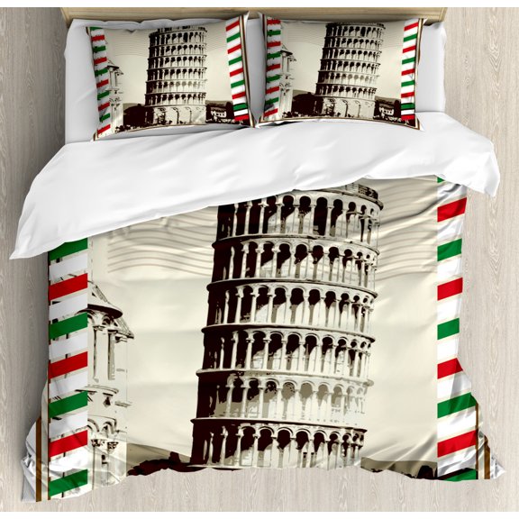Italy Duvet Cover Set Queen Size, Pisa Tower in Pastel Tones Ancient Architecture European Landscape, Decorative 3 Piece Bedding Set with 2 Pillow Shams, Green Pale Green Vermilion, by Ambesonne