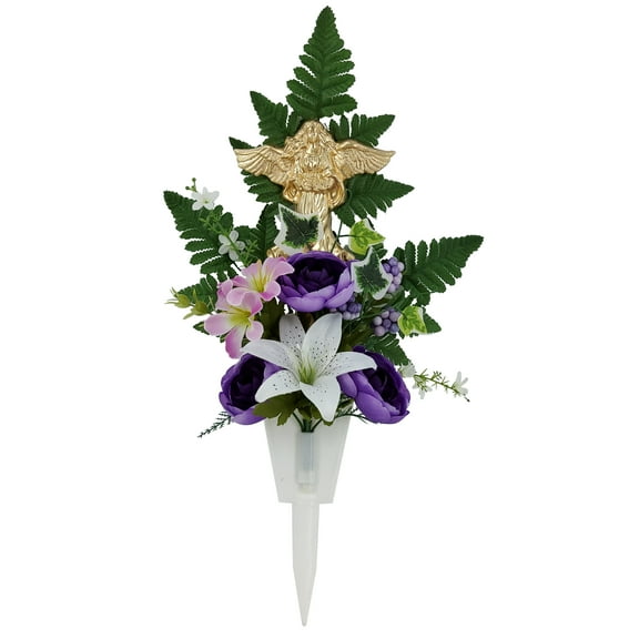 Mainstays 20in Outdoor Artificial Floral Stake, Purple Ranunculus & White Lily, Angel Icon.