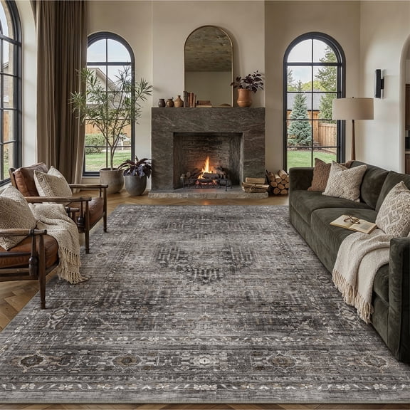 BERTHMEER 8'x10' Area Rugs for Living Room Bedroom Vintage Brown Carpets Kitchen Office Machine Washable Farmhouse Dining Room Oriental Rugs Non Slip Traditional Distressed Rugs