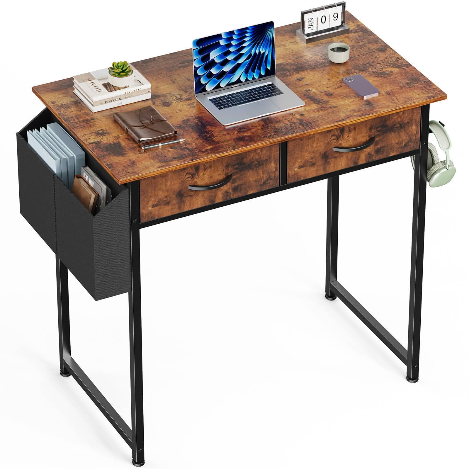 MAYEERTY 32in Adjustable Small Computer Desk, Metal Writing Study Table with Storage and Headphone Hook, Home Office