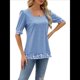 thumbnail image 3 of Camiseta de Verano para Mujer, Estilo Casual, de Corta y Cuello Cuadrado, Holgada, con Estampado de Vaca y Bloques de Color. Azul XXL, 3 of 9