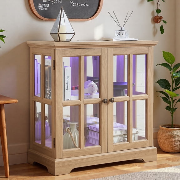 HIUU 30"Oak Curio Cabinets with Glass Doors,Lighted Display Cabinet with Shelves,Farmhouse Display Cabinet with Lattice Doors,Display Cabinets for Collectibles with LED Lights for Living Room
