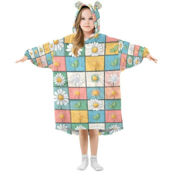 FORMRS Wearable Blanket Hoodie with Sleeves for Kids Cozy Flannel Sweatshirt, Daisy Mosaic