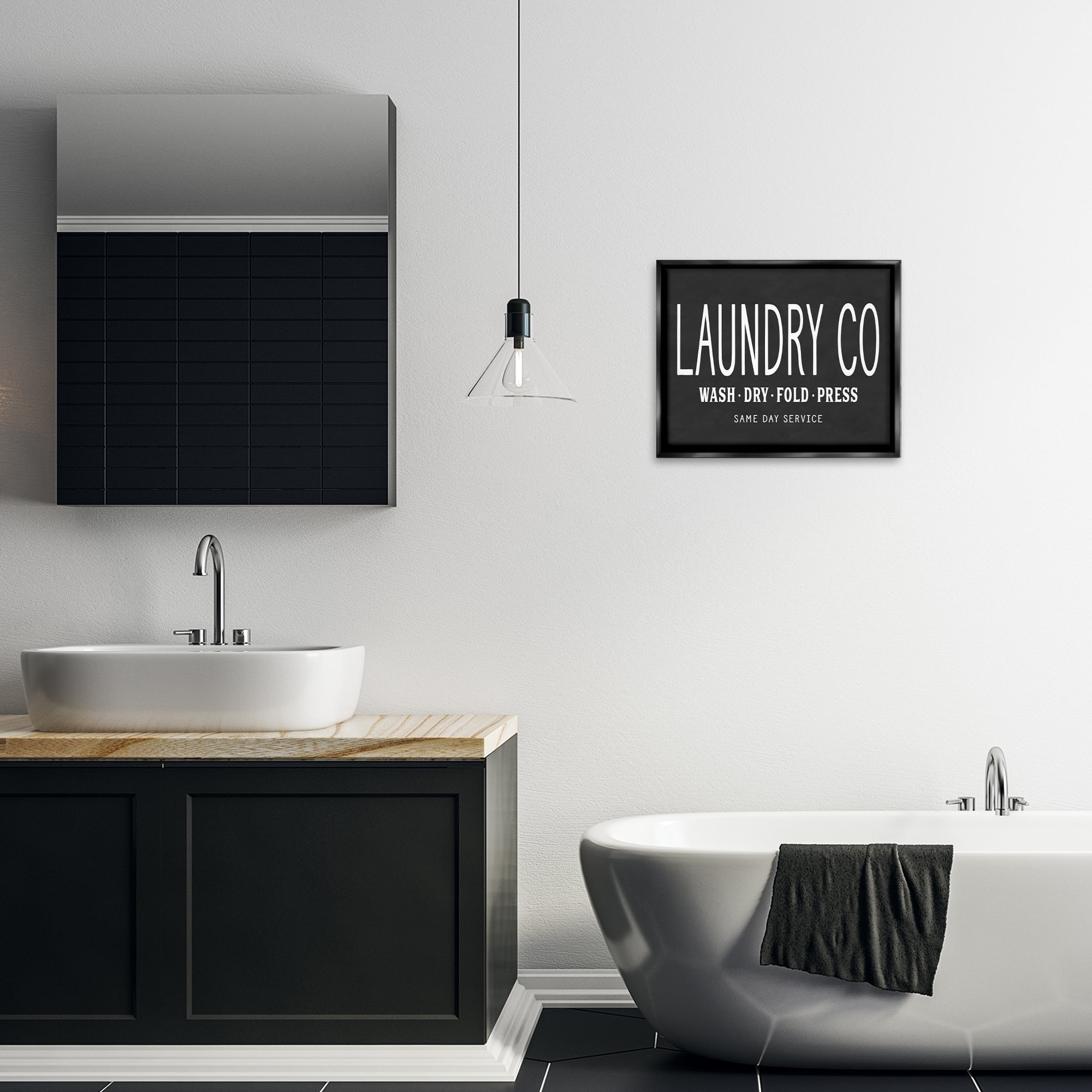 Stupell Industries Laundry Essentials Chalkboard Bath & Laundry Painting Black Floater Framed Canvas Art Print Wall Art, 21 x 17