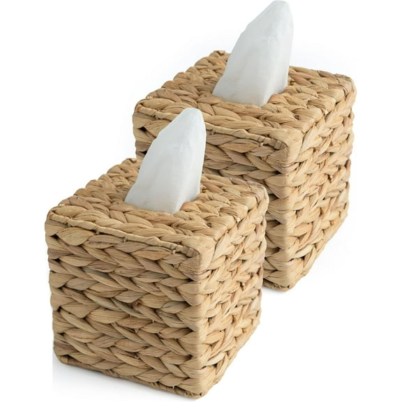 Tissue Box Holder - Square- Rattan Wicker Tissues Cube Box Cover -Boho Decorative Woven Facial Tissue Holder on Table and Barthroom (Square)