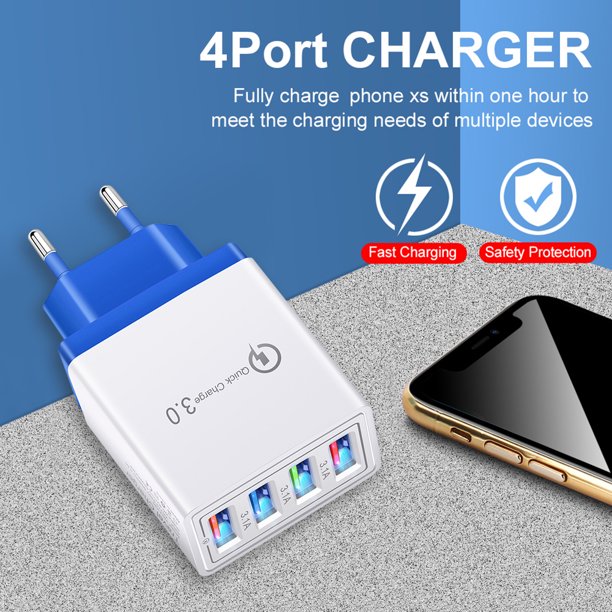 Cargador de teléfono LED de carga rápida USB de 4 puertos Adaptador de corriente UE (Azul)