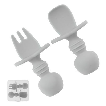 

HOTBEST Self Feeding Spoon Fork Set Food Grade Silicone Baby Utensils BPA Free Easy Grip For Ages 6 Months+