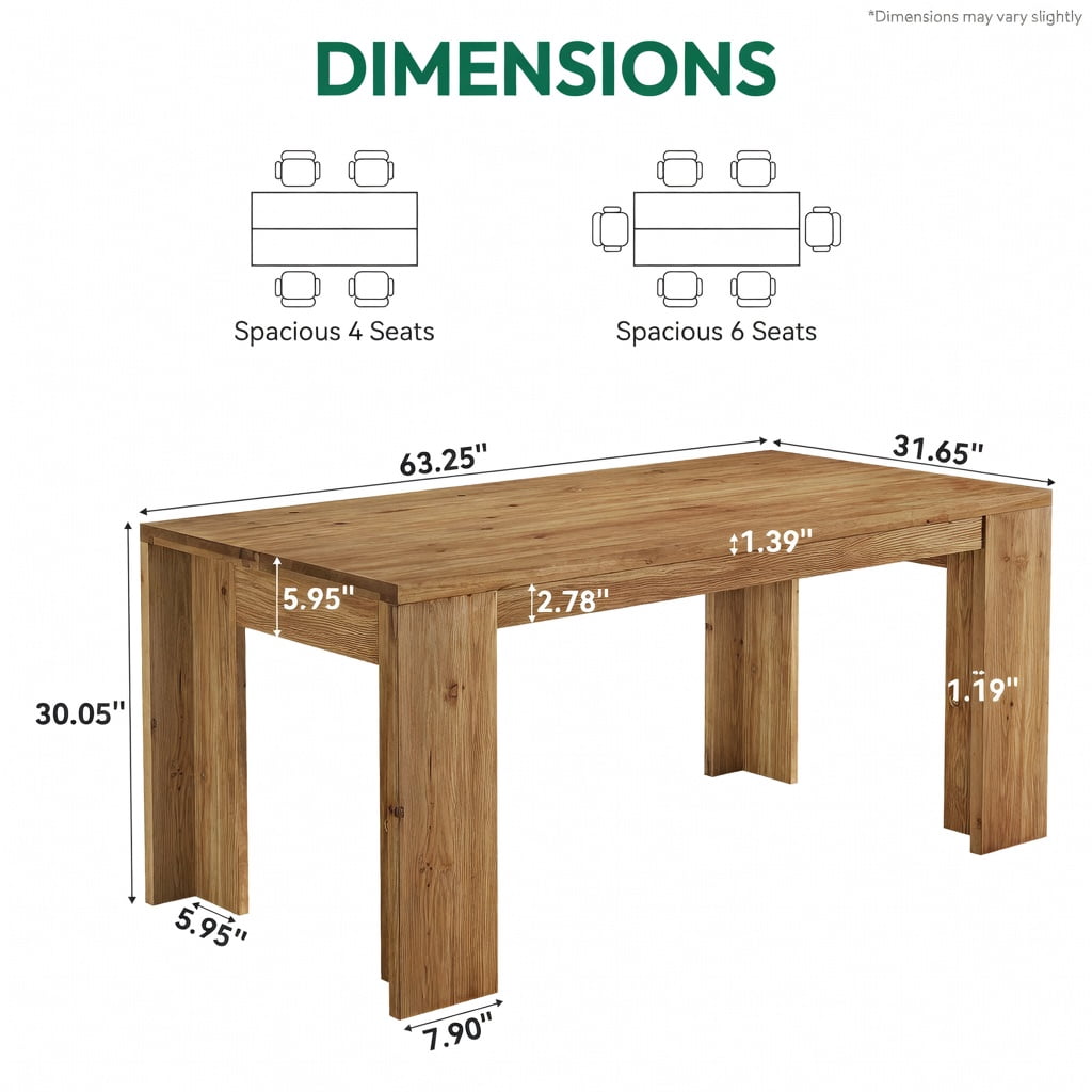 Hommoo Tribesigns Solid Wood Dining Table 63 Inch, Farmhouse Kitchen Table for 6-8 People, Rustic Wood Rectangular Table with Sturdy Legs, Easy Assembly, Natural
