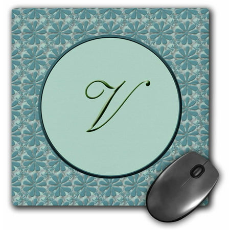 3dRose Elegant letter V in a round frame surrounded by a floral pattern all in teal green monotones, Mouse Pad, 8 by 8 inches