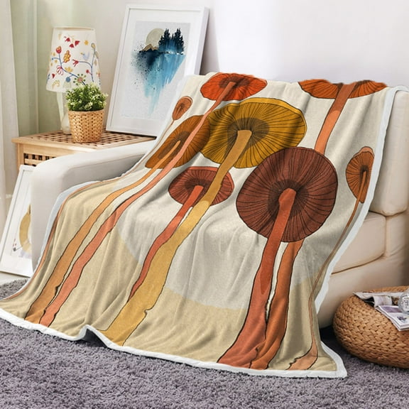Vintage Mushroom Throw Blanket, Cute Morden Abstract Art Boho Fleece Blankets, 60S Retro Funny Nature Plant Mid Century Soft Plush Blanket, 50X60IN