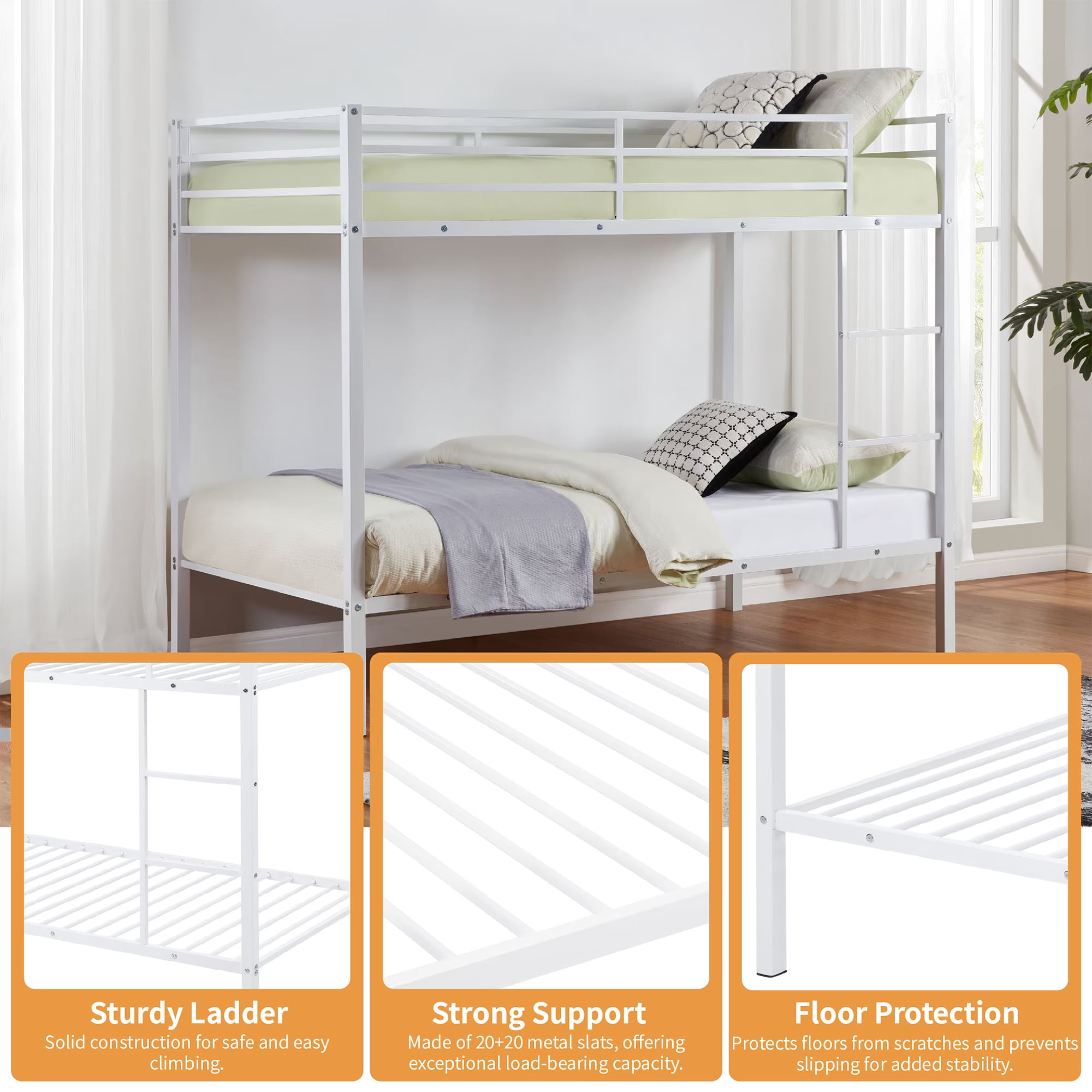 Aukfa Metal Bunk Bed Twin Over Twin, High Guardrail and Metal Slats, Space-Saving Bed Frame for Kids Teens, White