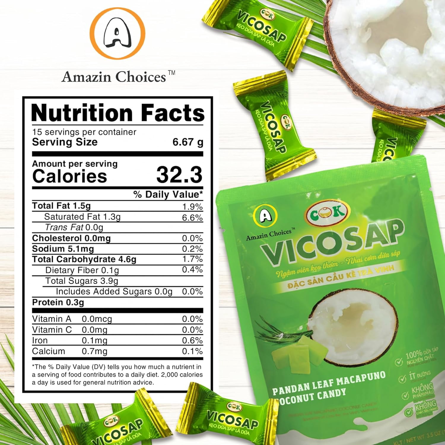 Amazin Choices Pandan Leaf Macapuno Coconut Candy, Healthy Candy