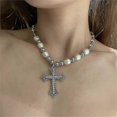 thumbnail image 2 of Retro Pearl Necklace Punk Simple European And American Sweet Cool Dark Wind Cross Pendant Clavicle Chain, 2 of 3