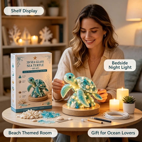 DIY Sea Glass Art Kit, Light Up Craft Kit with Sea Glass, Coastal Ocean Inspired Mosaic Art Decoration, Creative Handmade Gift for Adults, Decor & Creative Handmade Gift Adults