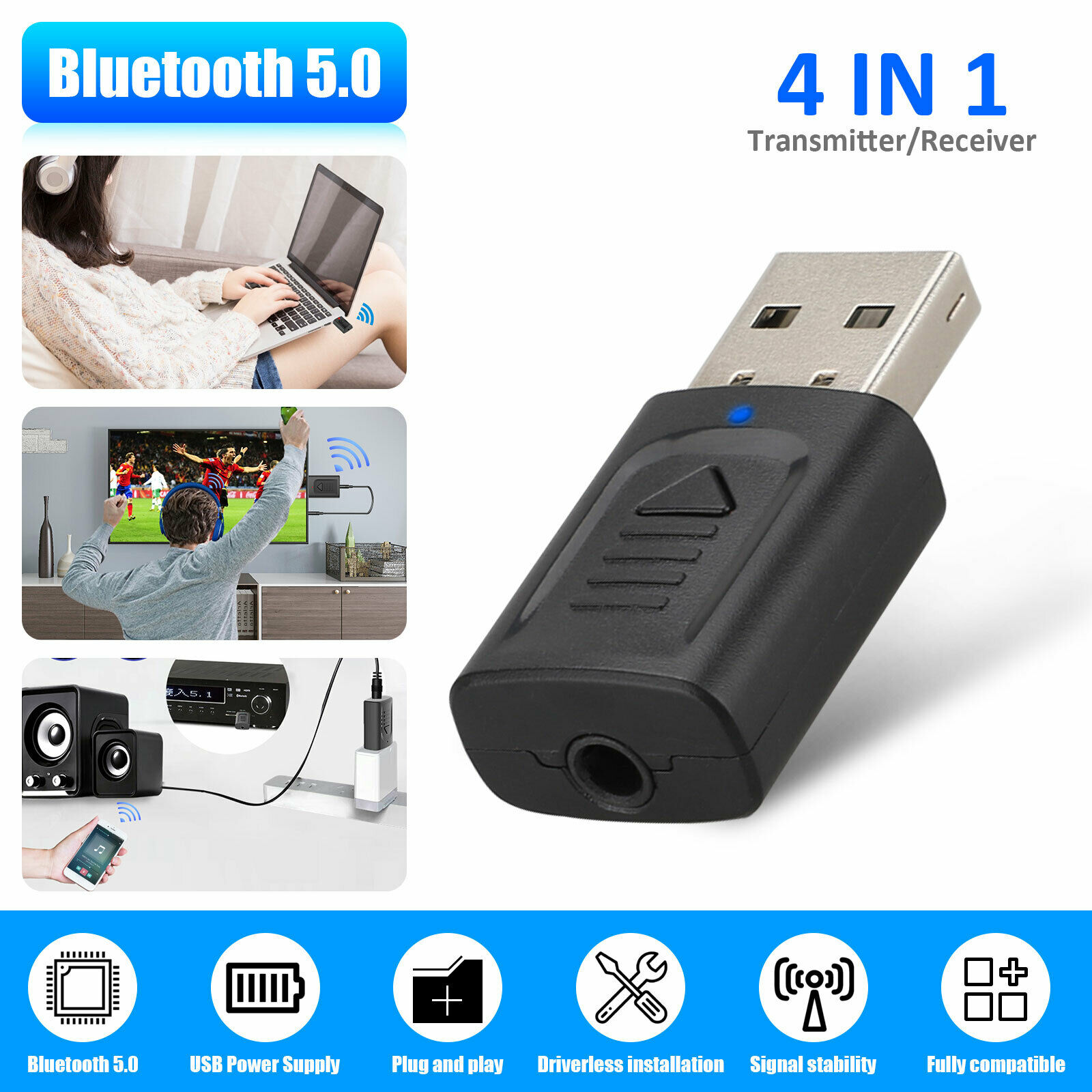 Bluetooth 5.0 Adapter Bluetooth Transmitter Receiver 4in1 Wireless 3