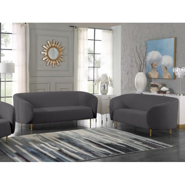 Grey Velvet Gold Steel Legs Sofa & Loveseat Set 2Pcs Meridian Furniture