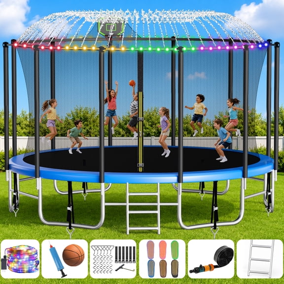 2000LBS Capacity 16FT Trampoline Heavy-Duty Yard for Kids & Adults with Safety Enclosure Basketball Hoop LED Light Sprinkler Ladder Anchors