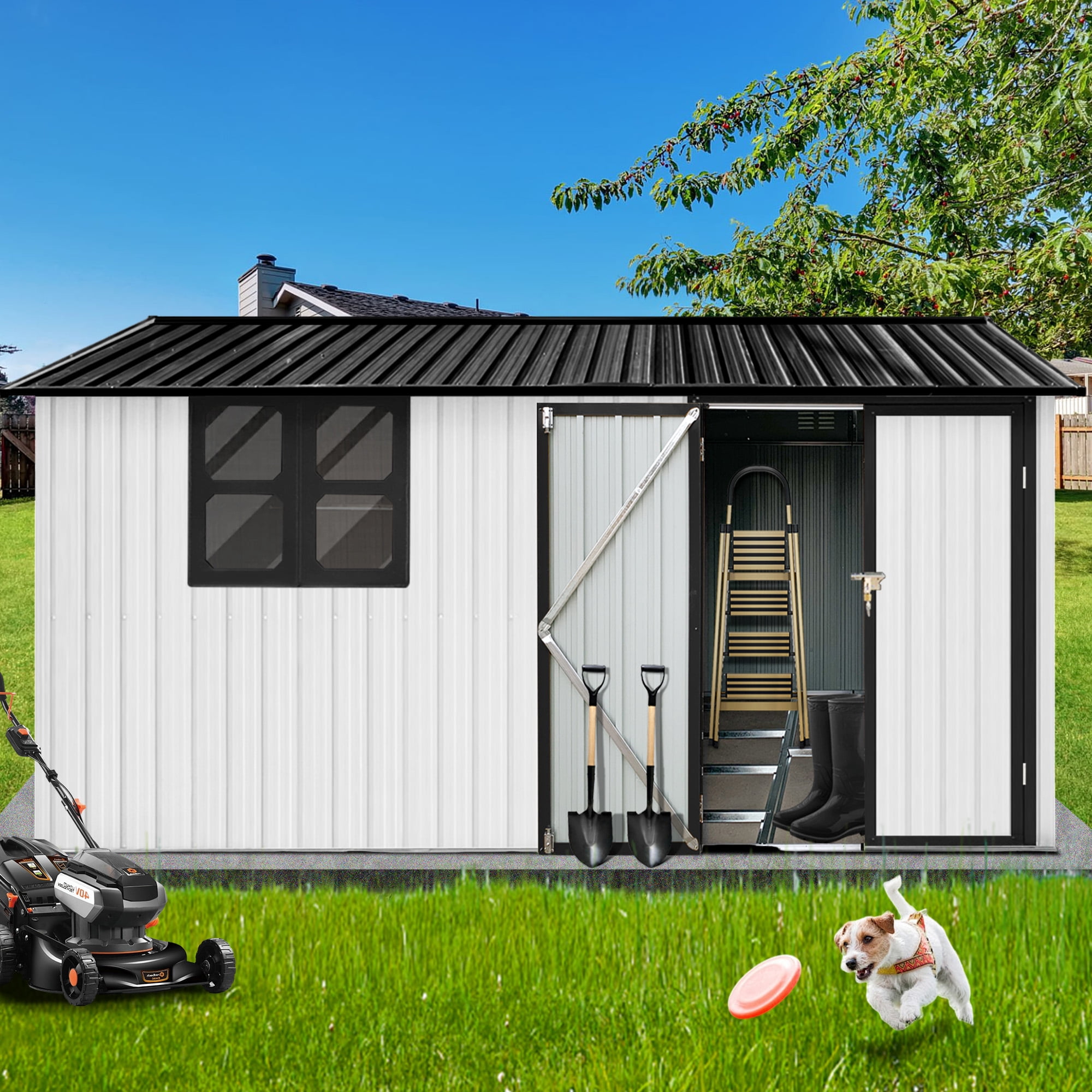 Aukfa 10 x 12FT Outdoor Storage Shed with Lockable Door, Metal Garden Tool Shed with Window & Sloped Roof for Backyard, Patio and Backyard, White/Black