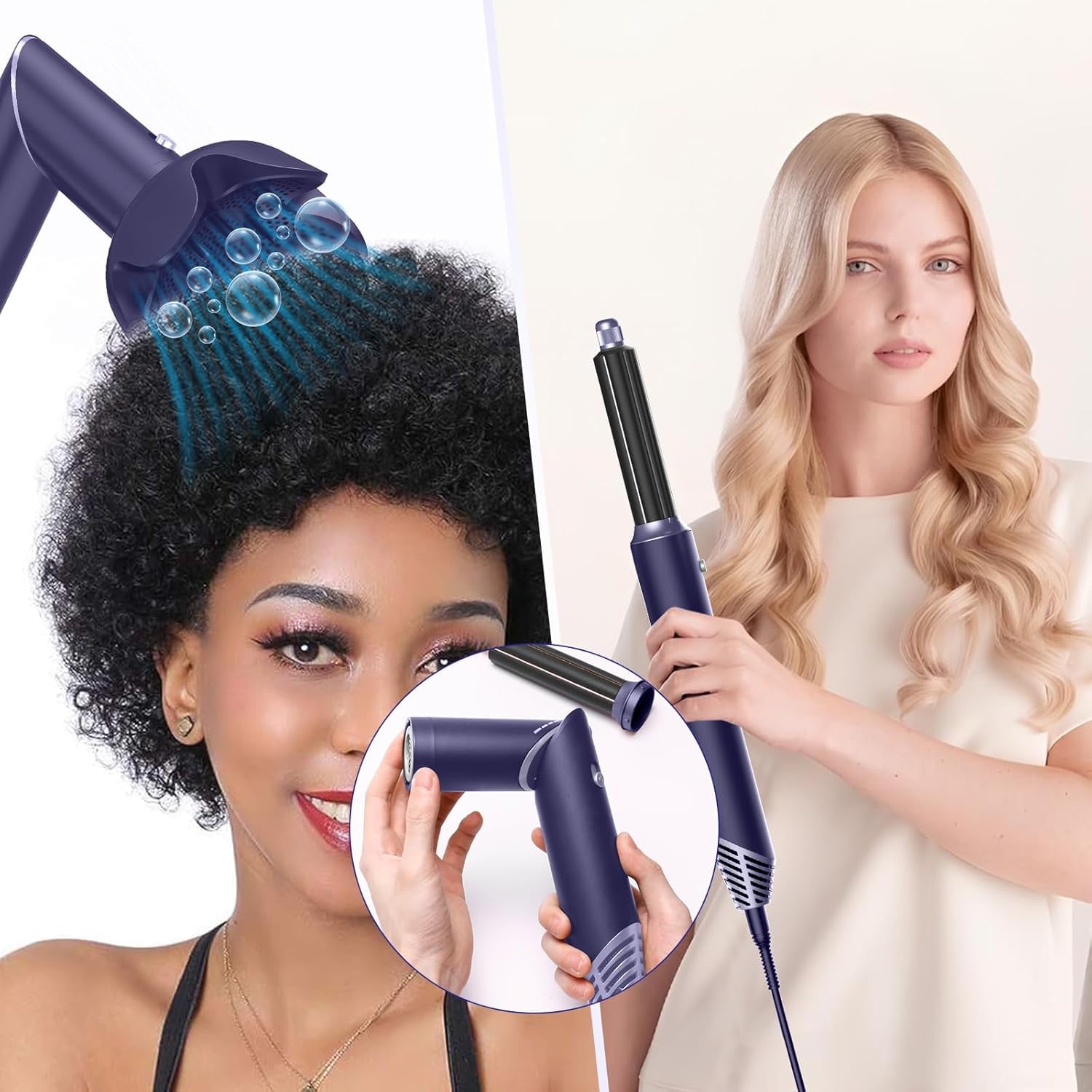 Foldable Blow Dryer Brush with Wrap Curler, 6 in 1 Hair Dryer Brush, Detachable Air Hair Styler Curling, Drying,Volumizing, Straightening, Negative Ionic Hair Dryer with Diffuser, Hair Styling Tools