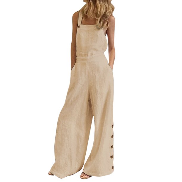 Moda mujer color sólido mono sin mangas bolsillo con cremallera botón suelto Casual mono mono Abanopi Beige/Medio