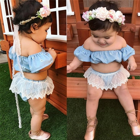 

Hunpta Infant Baby Girls Off Shoulder Short Floral T Shirts Tops Ruffled Lace Shorts Outfits Set 0-3 Years