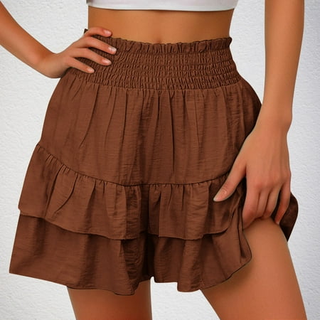 Aboser Womens Y2k Layered Ruffle Shorts Cotton Linen Flowy Bloomers Boho Mini Skirts Elastic High Waist Skorts Cute Smocked Tutu Shorts Tiered Pleated Shorts