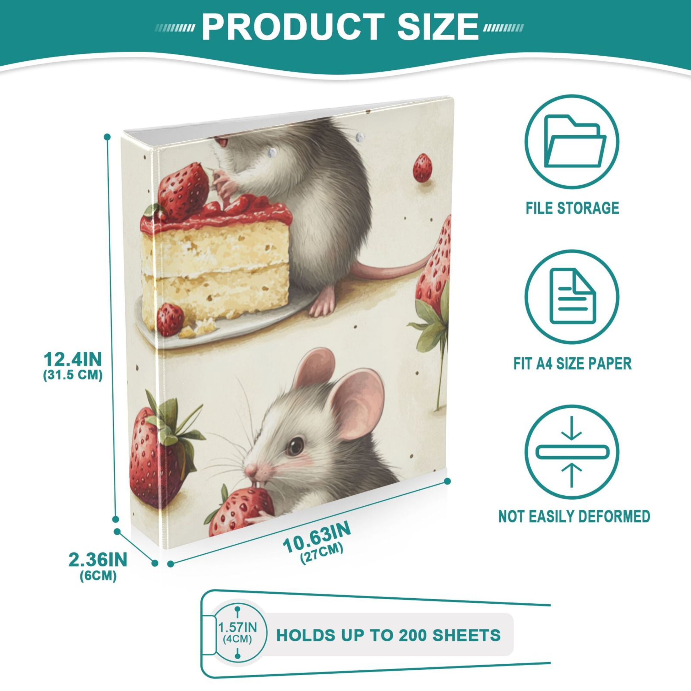 Strawberries Cakes Mice 3 Ring Binders 1.5 inch Hardcover File Folders with Interior Pockets A4 Size Organizer for School Office Hospital
