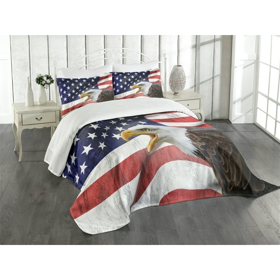 Ambesonne American Flag Quilted Bedspread Set 3 Pcs, Bald Eagle, King Size, Multicolor