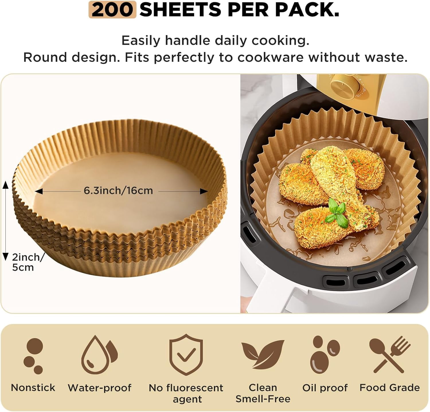 JJEAN-6.3'' Air Fryer Liners Disposable Round Air fryer Liners, 200Pcs Air Fryer Paper 16cm Round Non-Stick for Air Fryer, Microwave, Oven, Steamer, Easy Clean, Heat Resistant Cooking