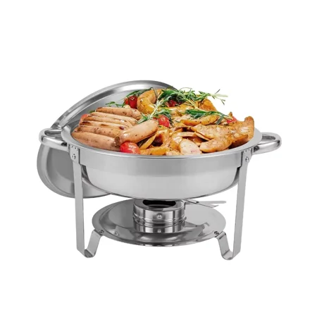 

Round Chafing Dishes Stainless Steel Foldable Chafers and Buffet Warmers Sets w/Water Pan Food Pan Fuel Holder and Lid 5 QT 1 Pack