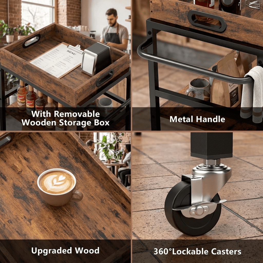 Fenbeli 3-Tier Rolling Kitchen Cart, Brown Wood and Metal Microwave Stand with Removable Storage Box and Locking Wheels, Coffee Cart for Kitchen Dorm and Laundry Room