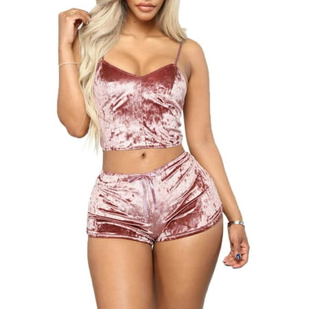 

Smilkoo Women s Velvet Sexy Bralette Stretchy Solid Color Spaghetti Strap Nightwear Sleepwear Homewear Pajamas Suit
