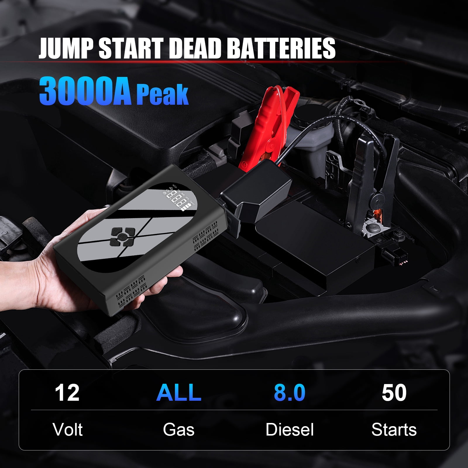 Car Battery Jump Starter, 3000A 12V, with Air Compressor, USB Power Bank