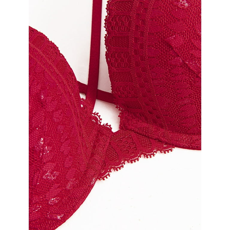 Deyllo Women's Sexy Lace Plunge Padded Underwire Push Up Bra, Red 38D