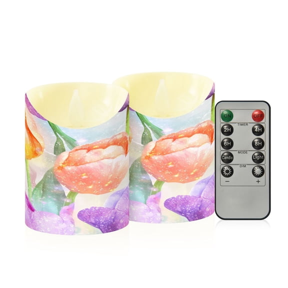 2 PCS Tilted Flameless Candles Flickering LED Lights Battery Operated Candles with Remote Timers for Holiday Decor Tulips Watercolor Art Style