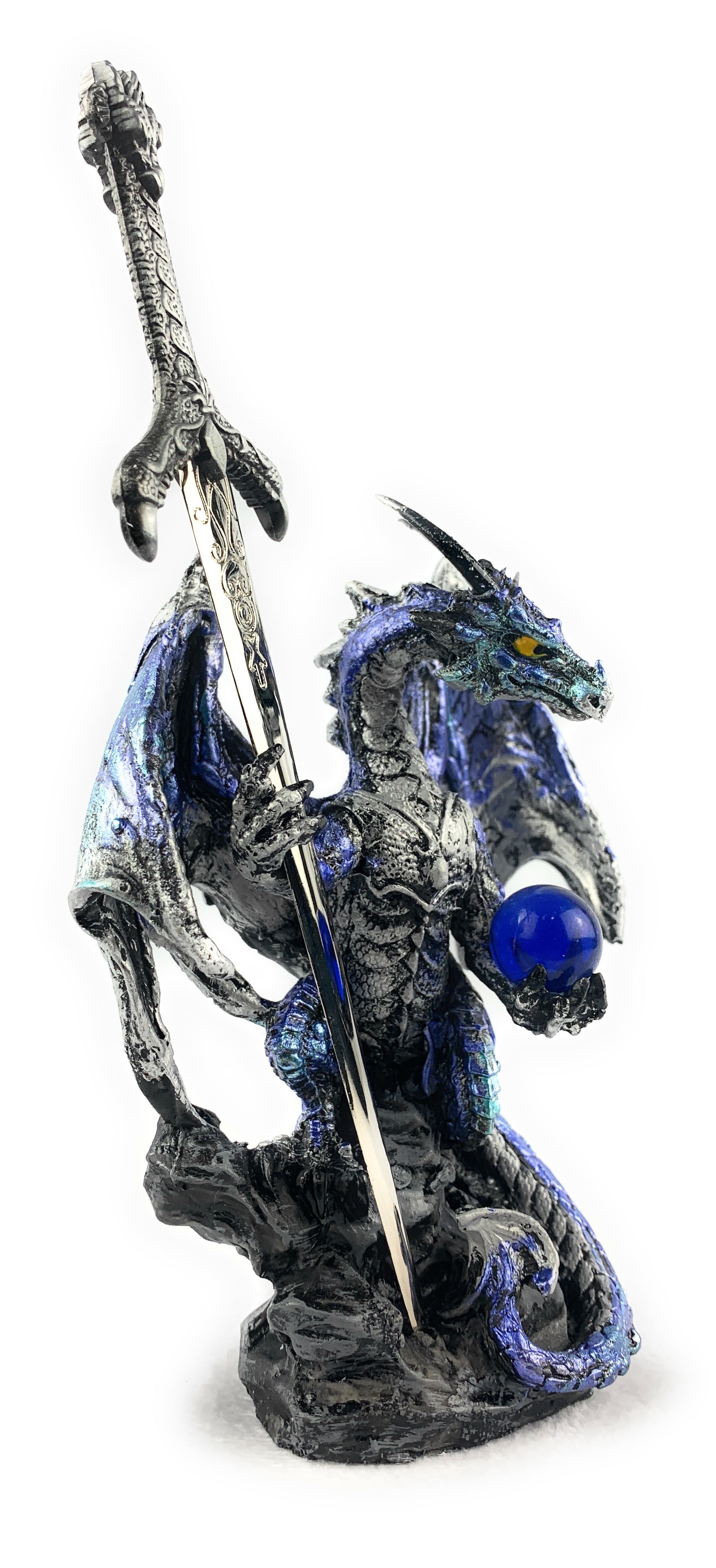 Ain’t It Nice Dragon Statue with Medieval Dragon Sword and Crystal Ball Collectible Dragon Figurine Fantasy Medieval Dragon Décor, Blue 4(L) 2(W) 7(H) inches