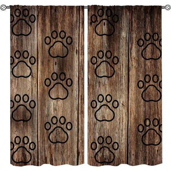 Black Bear Paw Prints Blackout Curtains, Retro Wood Plank Pattern Animal Window Drapes, Breathable Soundproof Curtains Soft Feel Easy to Clean Apply to Living Room Bedroom Kid Room-W42xL54in
