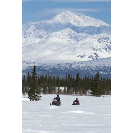 Couple Snowmobiling In Denali State Park With The Alaska Range And Mt Mckinley In The Background Southcentral Alaska Spring Poster Print by Jeff Schultz  Design