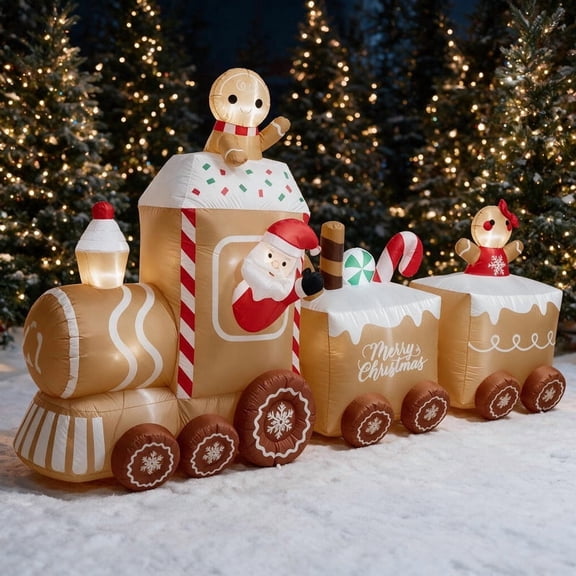 11 Ft Christmas Inflatable Train with Santa Claus, Lighted Outdoor Yard Decoration with 9 White LED Lights, Blower, Stakes and Ropes
