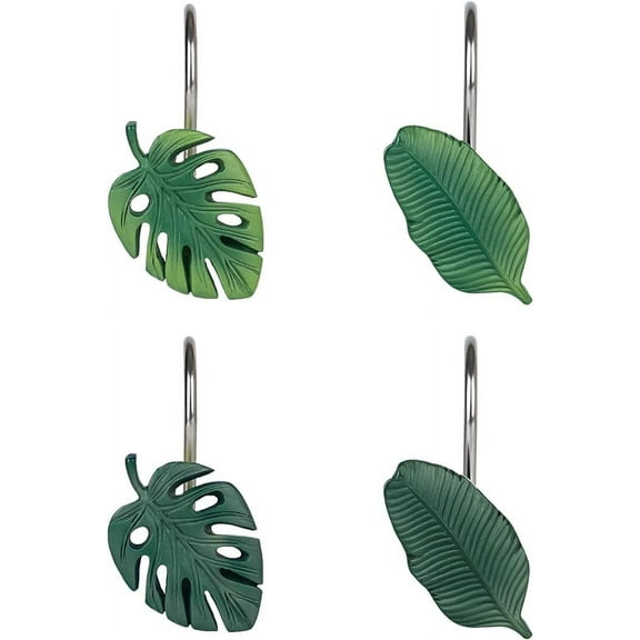 Sunlit Tropical Leaf Decorative Shower Curtain Hooks Green Botanical Shower Curtain Rings, Resin, Monstera Deliciosa Strelitzia Reginae Leaves Shower Curtain Hangers for Bathroom, Set of 12