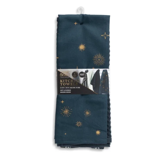 Thyme & Table Kitchen Towels, Navy Celestial, 4 Pack Set