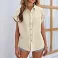 thumbnail image 2 of French Style Linen Shirt - Women's Rolled Sleeve Summer Top, Relaxed Fit Cropped Cotton Blouse | Yubnlvae (Beige | L), 2 of 4