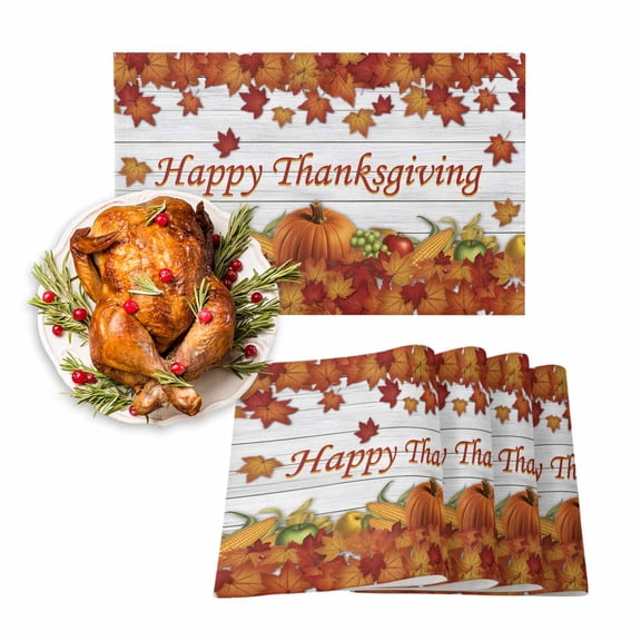 Fall Placemats Set of 4 Pumpkin Maple Leaf Place Mats Thanksgiving Placemat Farm Fruit Happy Thanksgiving Wood Table Mats for Dining Kitchen Table Holiday Dinner Party Home Fall Decorations 13x19