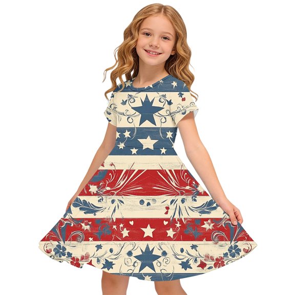 Amidoa Girl Dresses 4th of July Short Sleeve Swing A-Line Dress Summer Casual Sundress for Kids Multicolor Size 5T