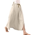 thumbnail image 5 of Cotton Linen Maxi Skirt, High Waisted Flowy Long Skirt with Side Slit, Casual Elastic Waist Drawstring Midi Skirt, Solid Color, 5 of 5