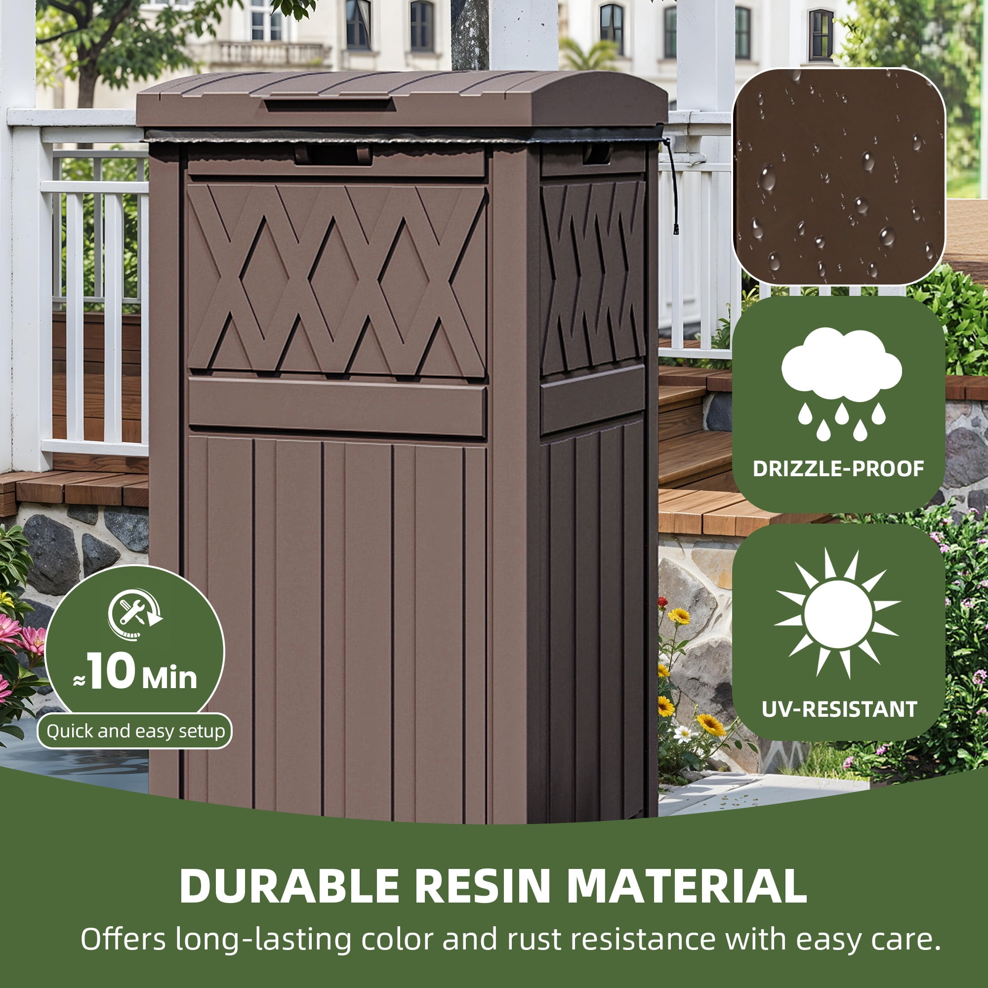 Uforic 36 Gal Outdoor Trash Can,Waterproof Resin Garbage Bin with Fabric Bag, Tiered Lid & Drip Tray, for Patio,  Backyard, Dark Brown