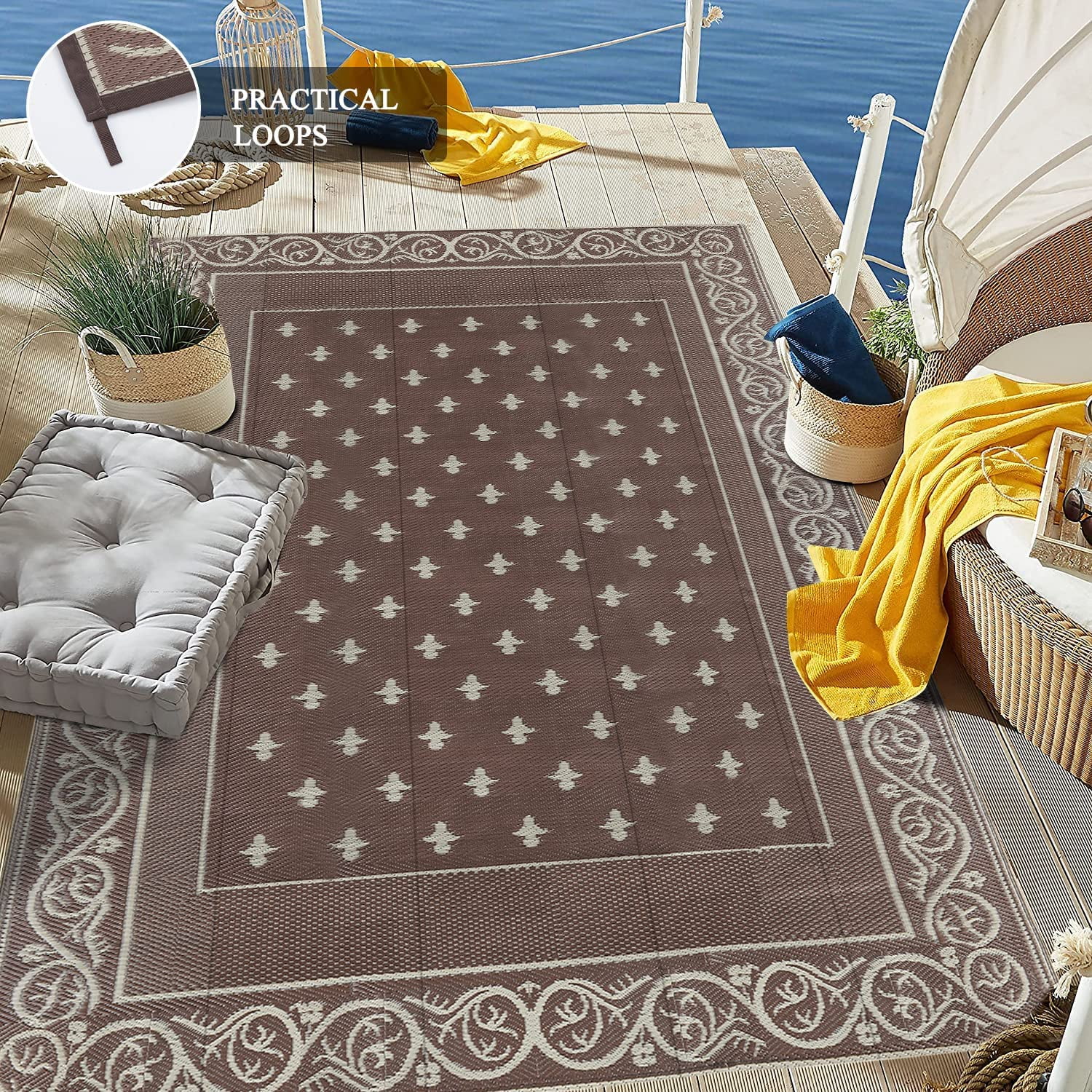 Findosom 6'x9' Brown Large Outdoor Rug Outdoor Mat RV Outdoor Rug Reversible Plastic Straw Area Rug Mat Camping Rugs Waterproof Floor Mat and Rug for RV, Patio, Backyard, Deck, Picnic, Beach, Trailer